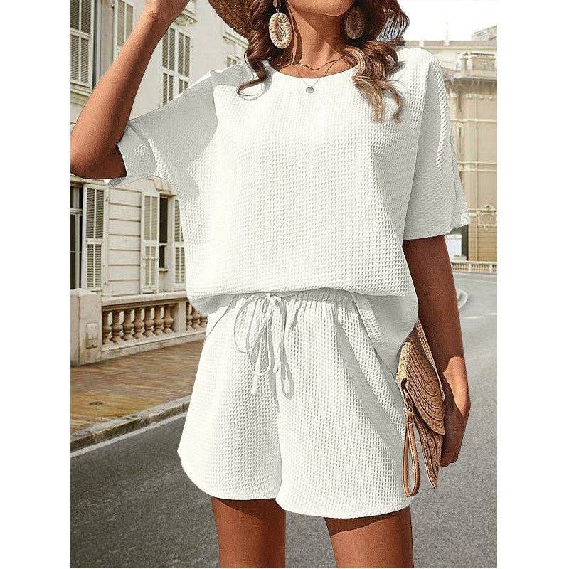 Plain Waffle Batwing Sleeveless Shorts Set