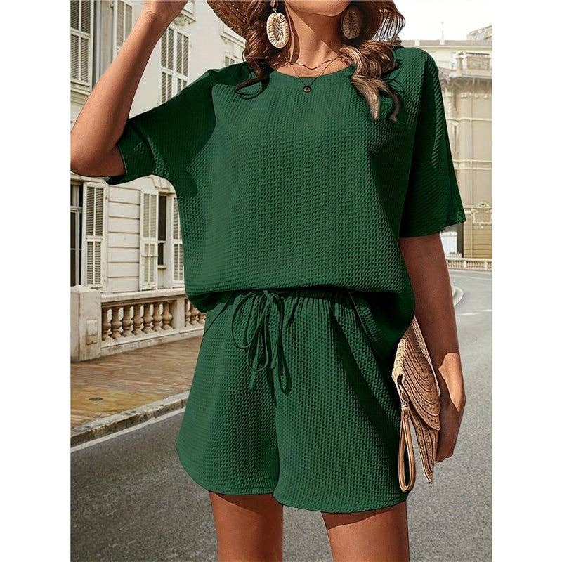 Plain Waffle Batwing Sleeveless Shorts Set