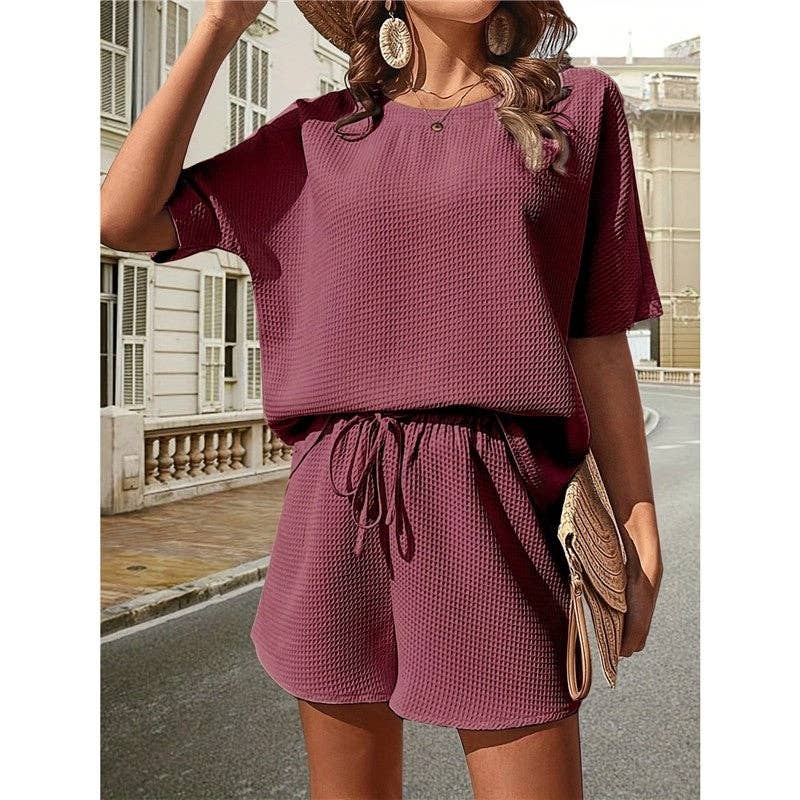 Plain Waffle Batwing Sleeveless Shorts Set