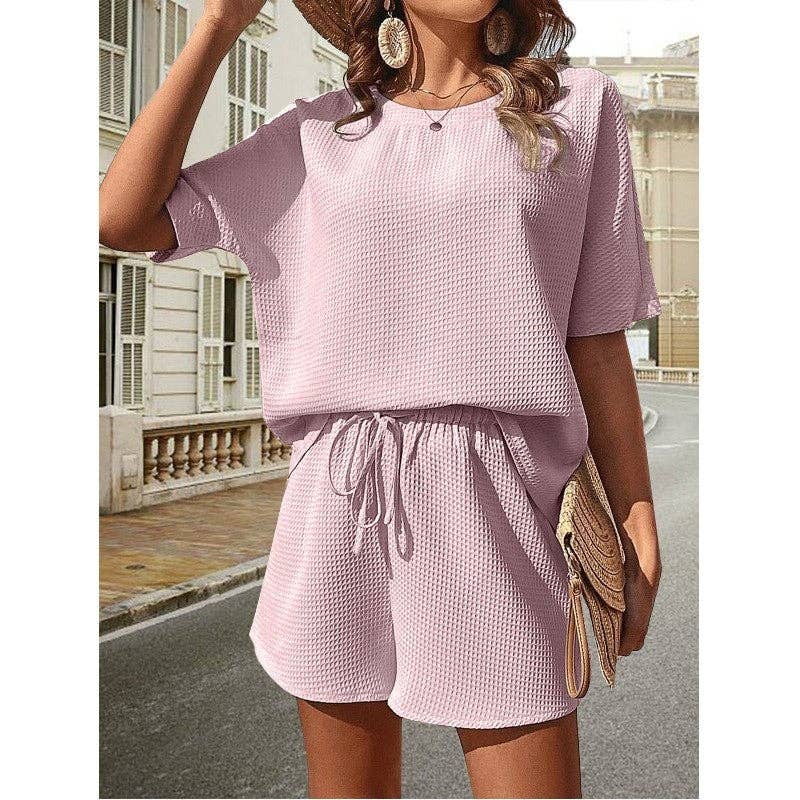 Plain Waffle Batwing Sleeveless Shorts Set