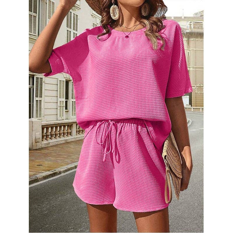 Plain Waffle Batwing Sleeveless Shorts Set