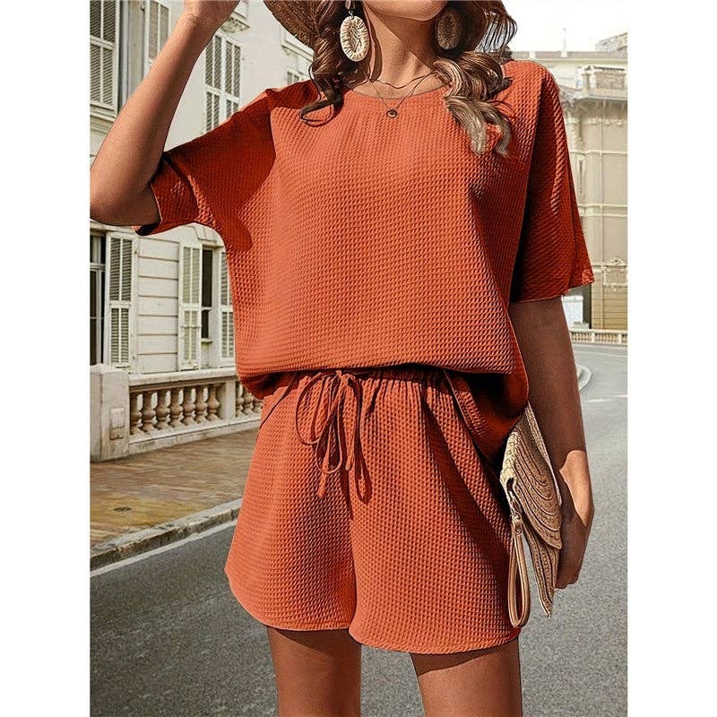Plain Waffle Batwing Sleeveless Shorts Set