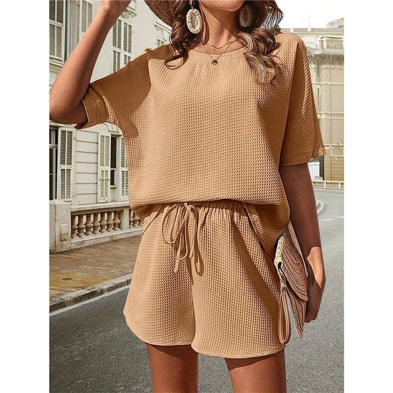 Plain Waffle Batwing Sleeveless Shorts Set