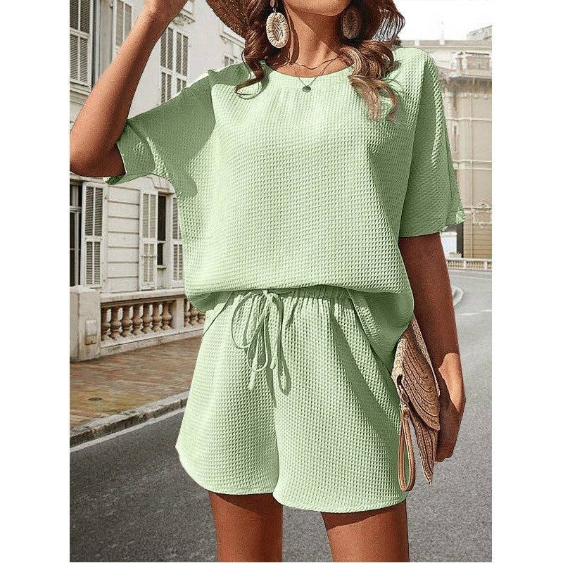 Plain Waffle Batwing Sleeveless Shorts Set