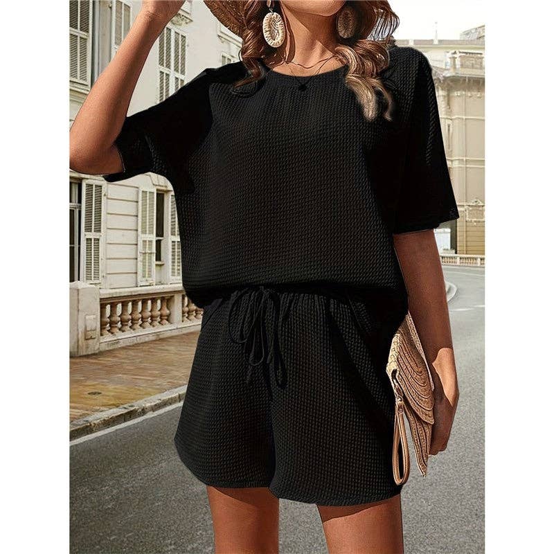 Plain Waffle Batwing Sleeveless Shorts Set