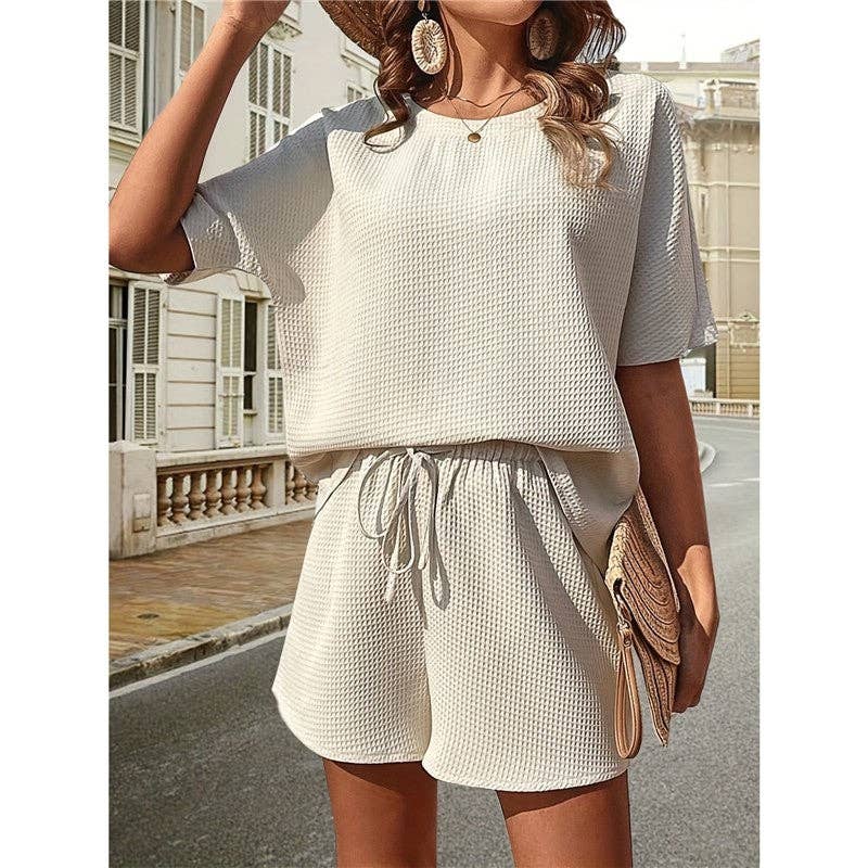Plain Waffle Batwing Sleeveless Shorts Set