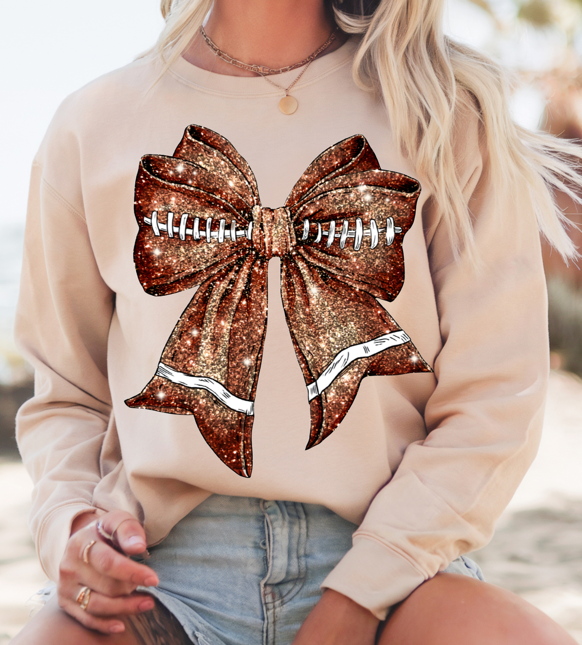 FOOTBALL GLITTER BOW CREWNECK TEE/SWEATSHIRT